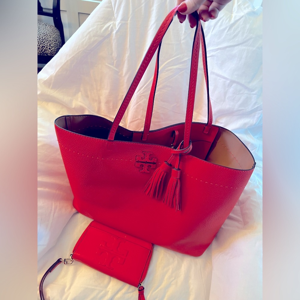 Tory Burch bright red matching leather tote and wallet/wristlet